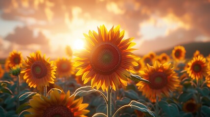 Close-up of sunflowers over the sunset sky.
