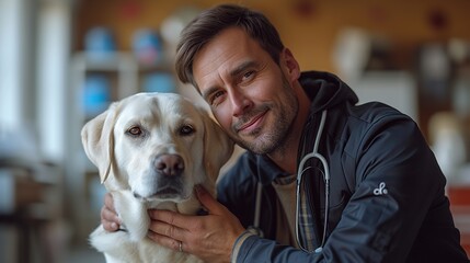 Cropped portrait of male veterinarian stroking white Labrador dog at vet clinic, copy space
