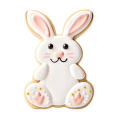 Decorated easter bunny cookies with white icing and colorful details isolated on a transparent background