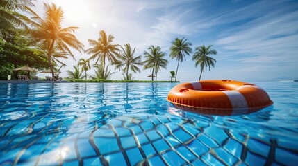 Poolside paradise: A lifebuoy afloat in a sparkling pool, framed by palm trees under a cloudless sky. - obrazy, fototapety, plakaty