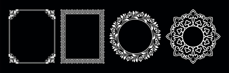 Set of decorative frames Elegant vector element for design in Eastern style, place for text. Floral black and white borders. Lace illustration for invitations and greeting cards.