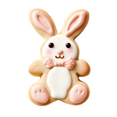 Decorated easter bunny cookies with white icing and colorful details isolated on a transparent background