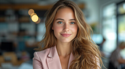 Business woman wearing pink blazer with office background, Ai generated image