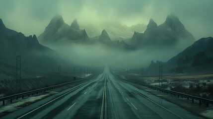 Desolate highway leading towards fog-shrouded mountains - obrazy, fototapety, plakaty