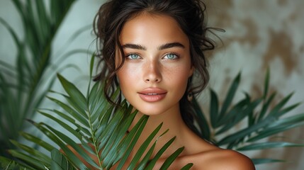 Naklejka premium Beautiful woman with beautiful skin and natural makeup with tropical leaves.