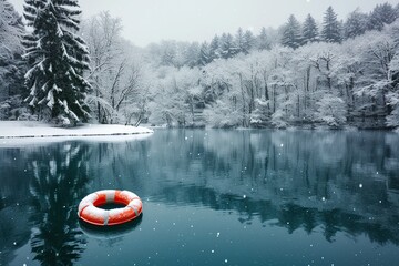 Snowy serenity: A lifebuoy gliding on a tranquil snowy lake, surrounded by the beauty of snow-covered trees.