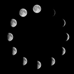 All phases of Moon: Waning Crescent, Third Quarter, Waning Gibbous, Full Moon, Waxing Gibbous, First Quarter and Waxing Crescent on one big mosaic against black background