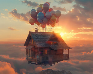 A cozy wooden house ascending gently tethered to countless balloons against a sunset backdrop - obrazy, fototapety, plakaty