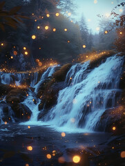 Obraz premium A fairytale come to life at a glowing waterfall fireflies adding magic to the mysterious scene
