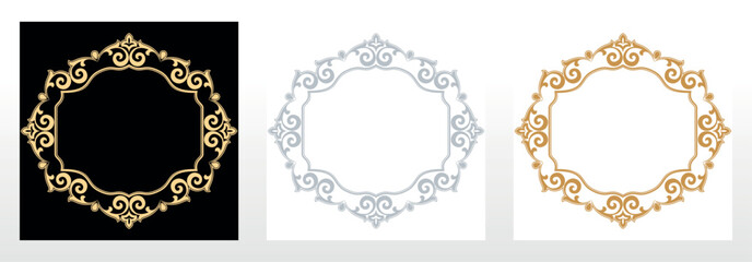 Set of decorative frames Elegant vector element for design in Eastern style, place for text. Floral black, gold and gray borders. Lace illustration for invitations and greeting cards