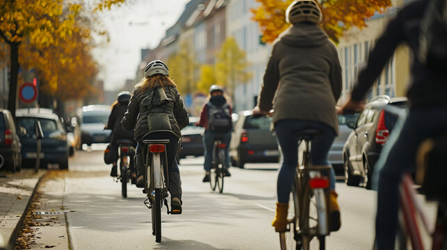 Cycling Cityscape: People Pedaling Through an Urban Jungle, Illustrating a Blend of Urban Living, Environmental Responsibility, and Sustainability