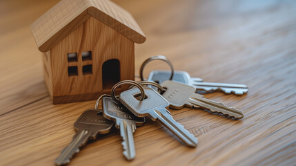 Un crédit immobilier représenté par des clés et une maison en bois sur une table ou pour assurer un bien locatif - obrazy, fototapety, plakaty