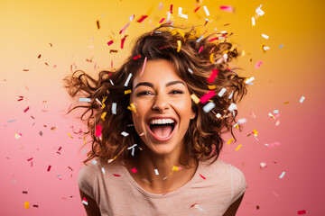 Portrait of a happy woman shouting, female celebrating success, lottery winner concept 