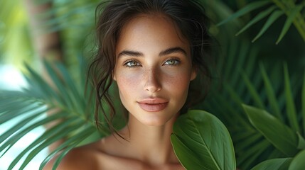 Beautiful woman with beautiful skin and natural makeup with tropical leaves.