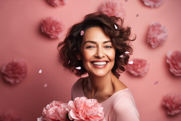 Portrait of woman with pink roses in the background, mothers day concept with flowers, caucasian female celebrates holiday