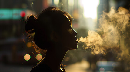Silhouette d'une femme fumeuse en ombre chinoise crache de la fumée de cigarette  - obrazy, fototapety, plakaty