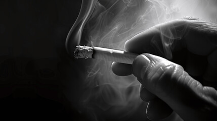 Photo en noir et blanc d'un homme fumeur tenant une cigarette dans sa main