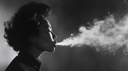 Silhouette en noir et blanc d'une femme fumeuse en ombre chinoise crache de la fumée de cigarette 