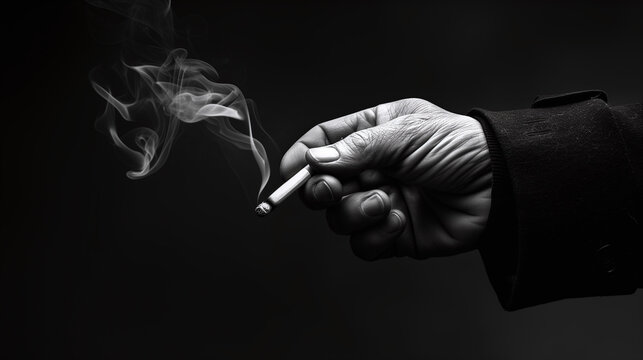 Photo en noir et blanc d'un homme fumeur tenant une cigarette dans sa main