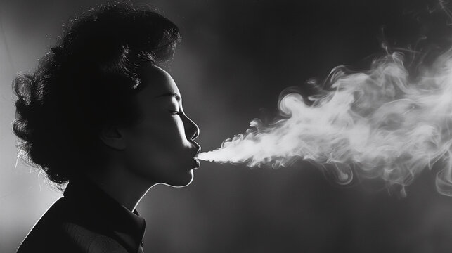 Silhouette en noir et blanc d'une femme fumeuse en ombre chinoise crache de la fum&eacute;e de cigarette 