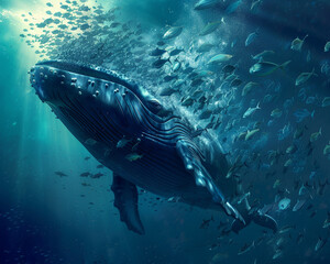 A whale mouth agape surrounded by a shimmering school of small fish a moment of awe in the oceans depths