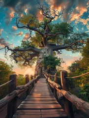 Deurstickers A wooden walkway leading to a majestic baobab tree its branches stretching towards the sky like open arms © JR-50