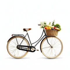 Fototapeta na wymiar A bicycle leaning against a rustic wall, with a basket of fresh produce and flowers isolated on white background, simple style, png 