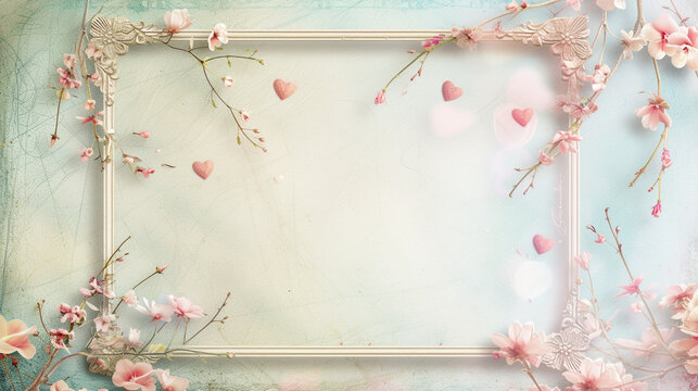 A vintage photo frame adorned with delicate hearts and flowers set against a soft pastel background