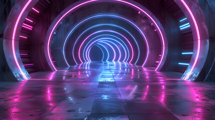 Abstract neon circle shaped teleportation tunnel backdrop,Abstract tunnel corridor with rays of light and new highlights Abstract background neon Scene with rays and lines Round arch light in motion n