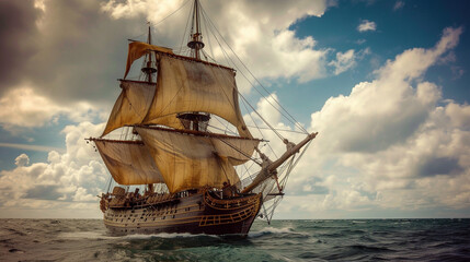 An antique ship laden with trade goods sails the high seas a testament to the age of exploration - obrazy, fototapety, plakaty
