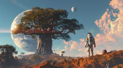 Rolgordijnen An astronaut marvels at a giant baobab tree on a distant planet Earth shining far in the background © JR-50