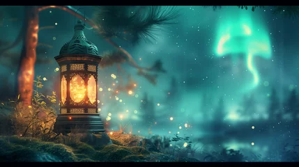 Türaufkleber Nordlichter Enchanted Night Landscape with Glowing Lantern and Aurora Lights - Fantasy World Concept of Magic and Adventure