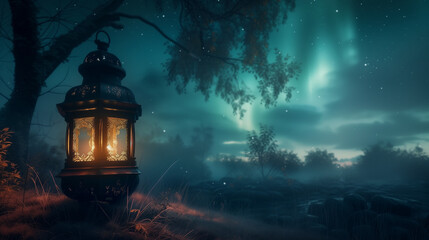 Enchanted Night Landscape with Glowing Lantern and Aurora Lights - Fantasy World Concept of Magic and Adventure