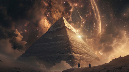An ancient pyramid serving as a portal to the universe stars aligning to unlock its secrets - obrazy, fototapety, plakaty