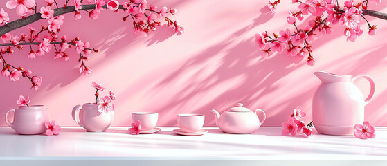 Traditional tea set with hot beverage on wooden table, fresh cherry blossoms, concept of spring morning, elegant Asian tea ceremony