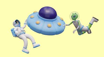Astronaut and alien in zero gravity near UFO. Characters in spacesuits near flying saucer