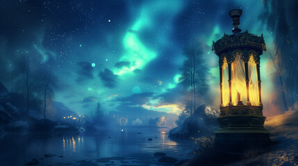 Enchanted Night Landscape with Glowing Lantern and Aurora Lights - Fantasy World Concept of Magic and Adventure