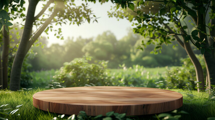 Tree Table wood Podium in farm display for food, perfume, and other products on nature background, 