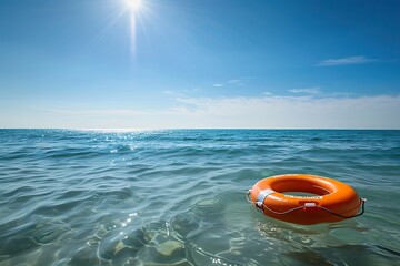 Obraz premium Vibrant orange lifebuoy adrift on gentle waves against a serene blue sky backdrop.