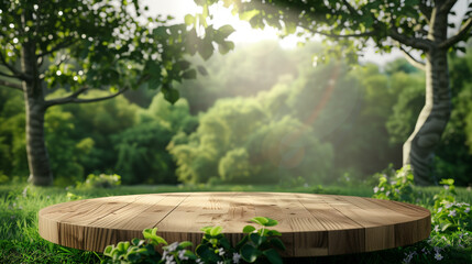 Obraz premium Tree Table wood Podium in farm display for food, perfume, and other products on nature background, 