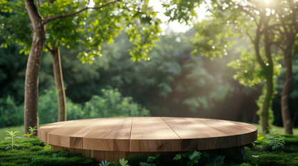 Tree Table wood Podium in farm display for food, perfume, and other products on nature background, 