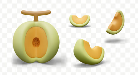 3D cut melon, slice in different positions. Aromatic vegan dessert, naturally sweet snack
