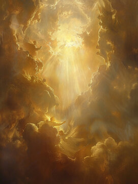 Heaven opens revealing a deity enveloped in a golden light a divine glow illuminating the skies
