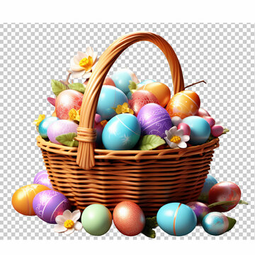 Easter eggs in a basket in PNG. 3d render illustration.