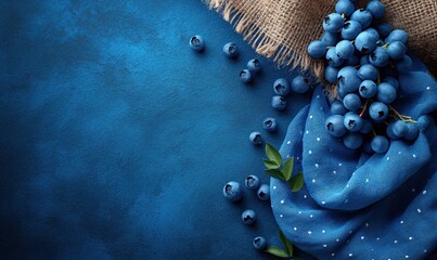 Scattered blueberry on burlap and blue background.