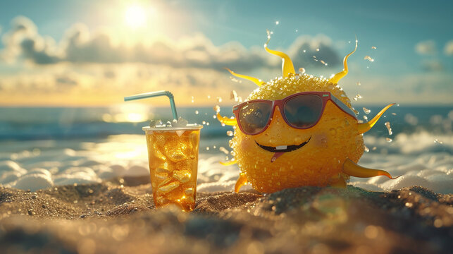 The sun donning stylish sunglasses sipping a cold soda chilling above a summer beach