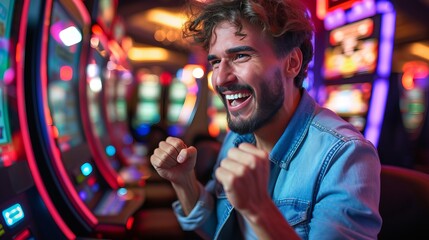 Joyful gambler celebrating a cash win at lively casino slot machines, surrounded by vibrant lights.