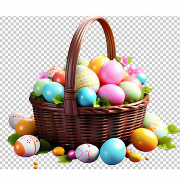 Easter eggs in a basket in PNG. 3d render illustration.