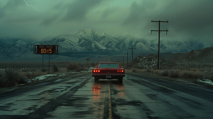 Vintage car traveling on a wet highway towards snow-capped mountains under an overcast sky - obrazy, fototapety, plakaty