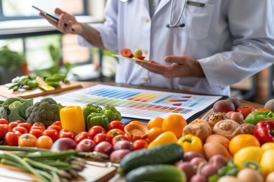 Dietitian Analyzing Nutritional Values of Vegetables. Dietitian with tablet reviewing nutritional charts amidst a variety of colorful fresh vegetables on the table. World Health concept.